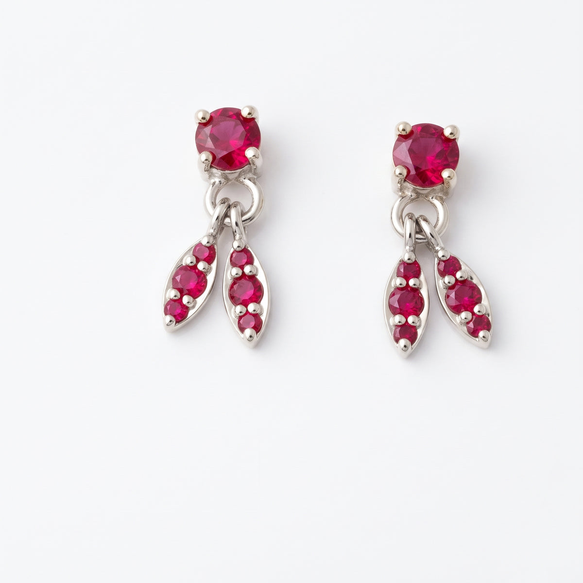 Silver Twin Leaf Drop Ruby Red Stud Earrings