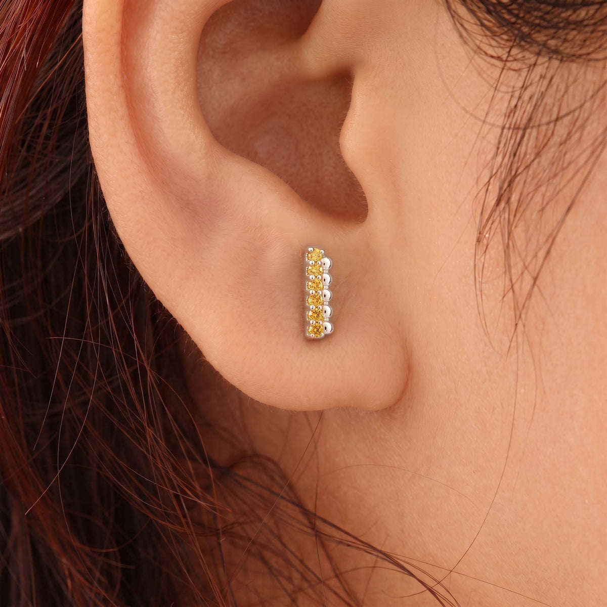 Silver Dot Bar Champagne Stone Stud Earrings
