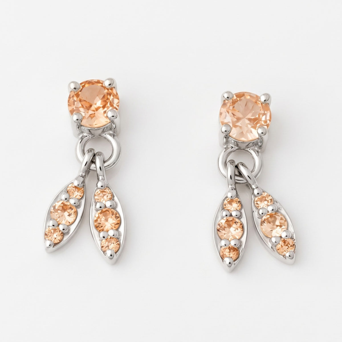 Silver Twin Leaf Drop Champagne Stone Stud Earrings