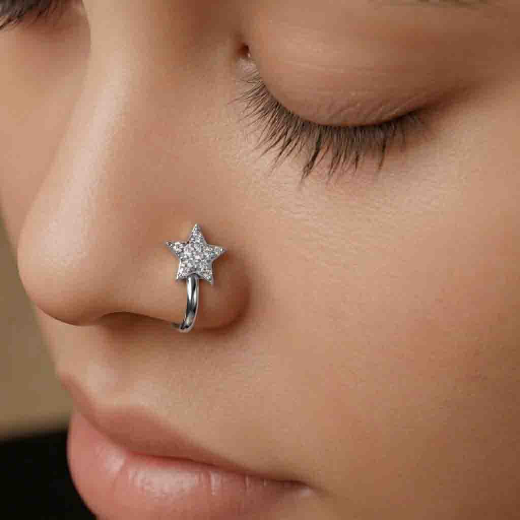 Silver Stone Star Clip-on NosepIn