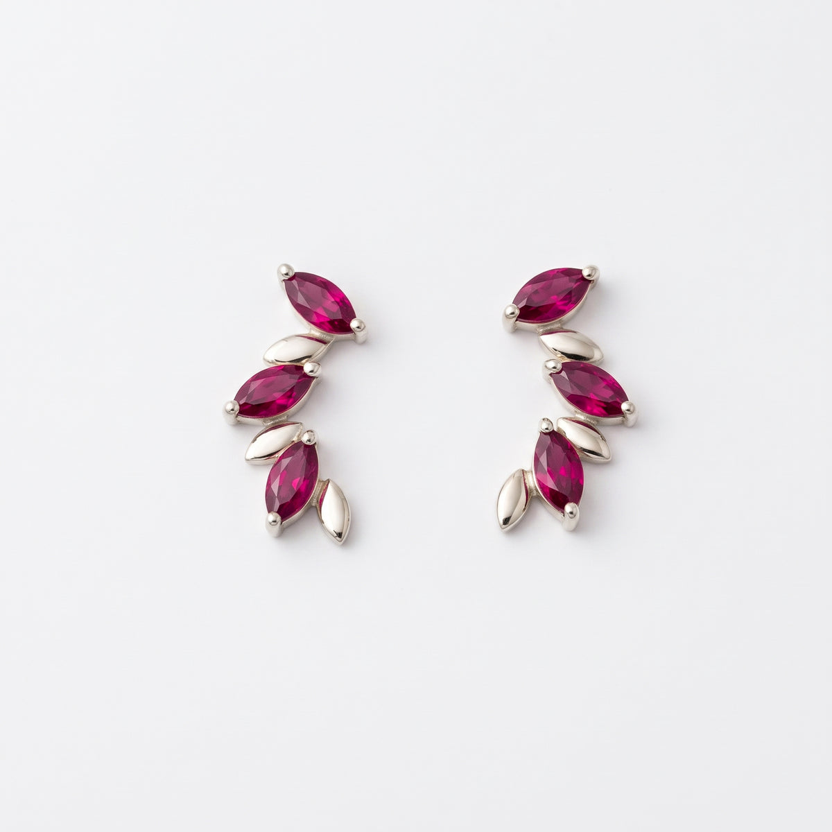 Silver Marquis Gilded Vine Ruby Red Stone Stud Earrings