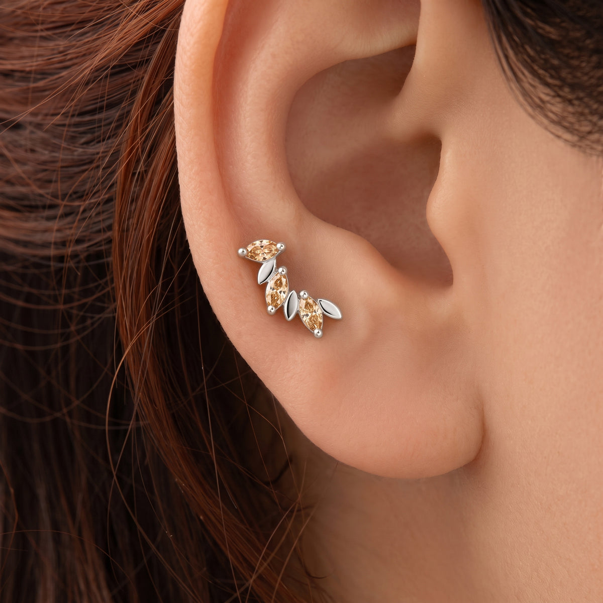 Silver Marquis Gilded Vine Champagne Stone Stud Earrings