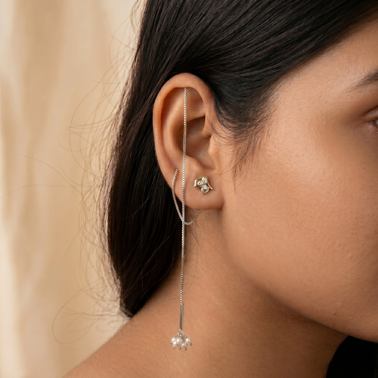 Silver Earring Threader Butterfly Stone Stud & Pearl Hanging Diamond Deign