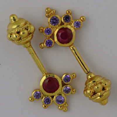 Silver Bugadi 6 Stone Mookuthi Gada Top Gold Ruby Red & Amethyst Purple Design