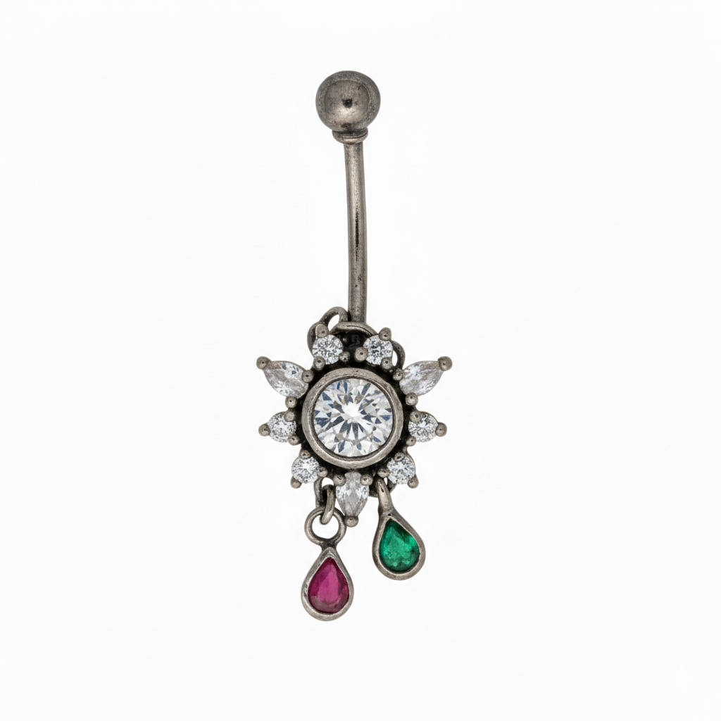 Silver Belly Piercing Vira Ball Top & Drop Diamond Design