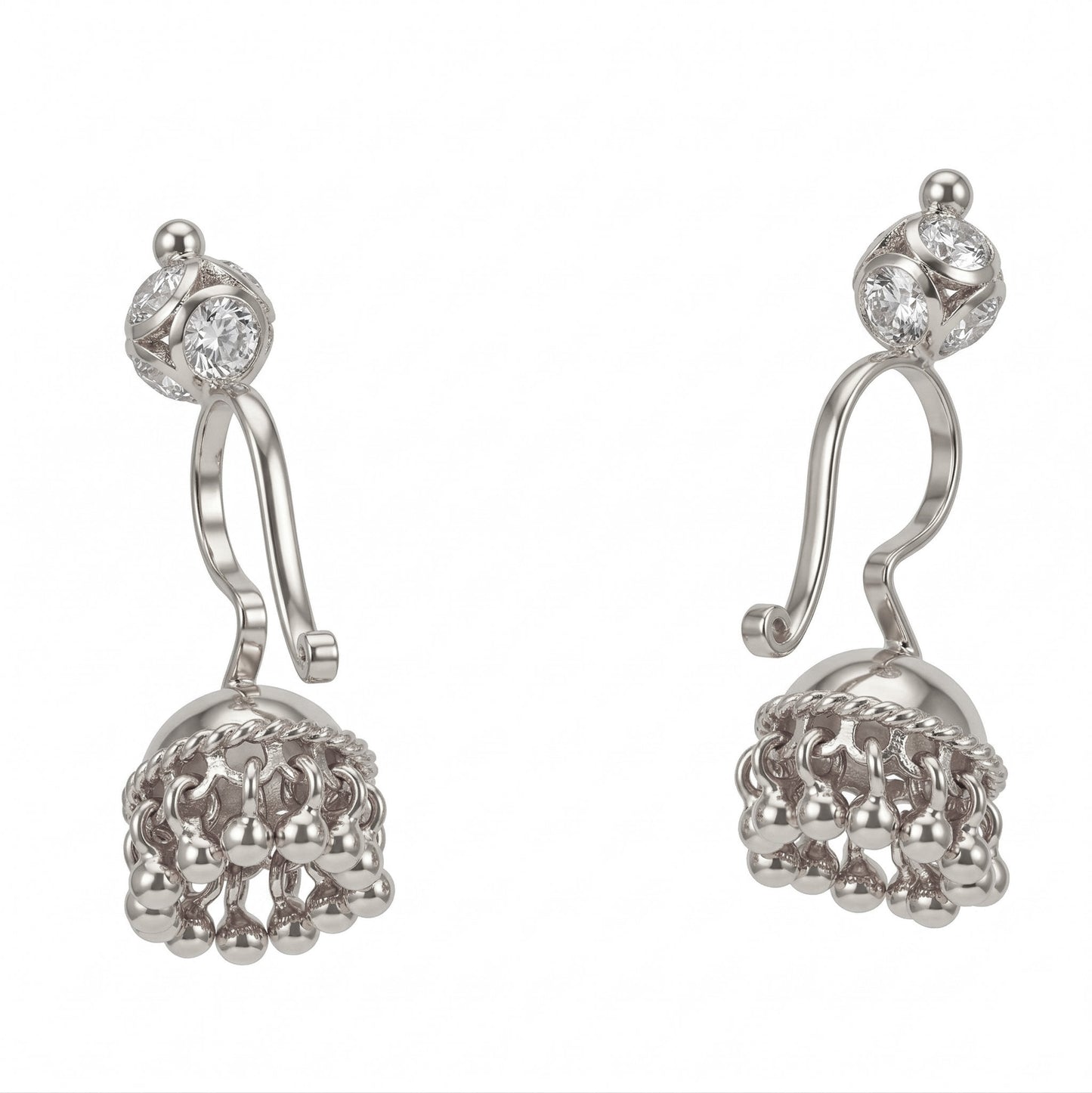 Silver Bugadi Jhumka Stone Ball Bead Top Gold Diamond Design