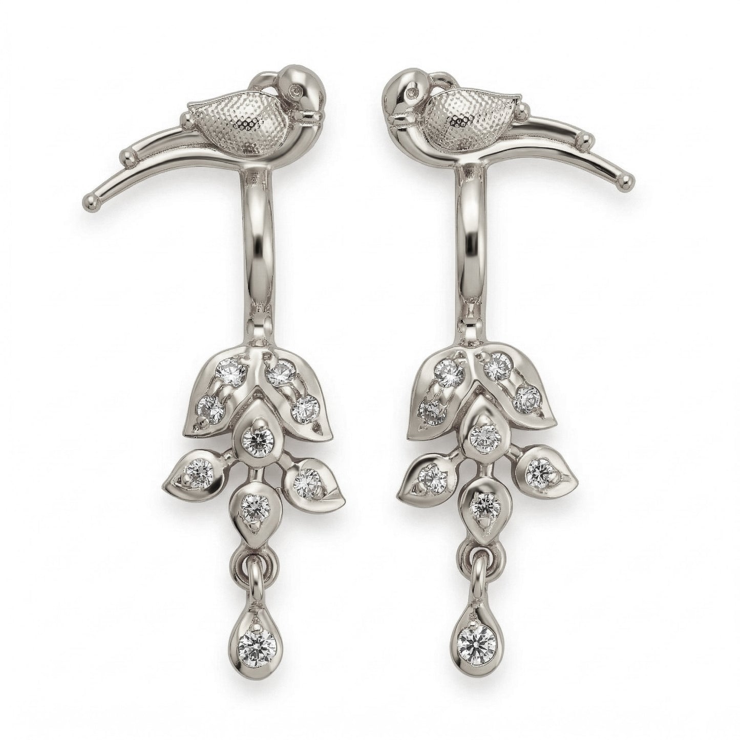 Silver Bugadi Flower Leaf Parrot Top & Drop Clip On Gold Diamond Design