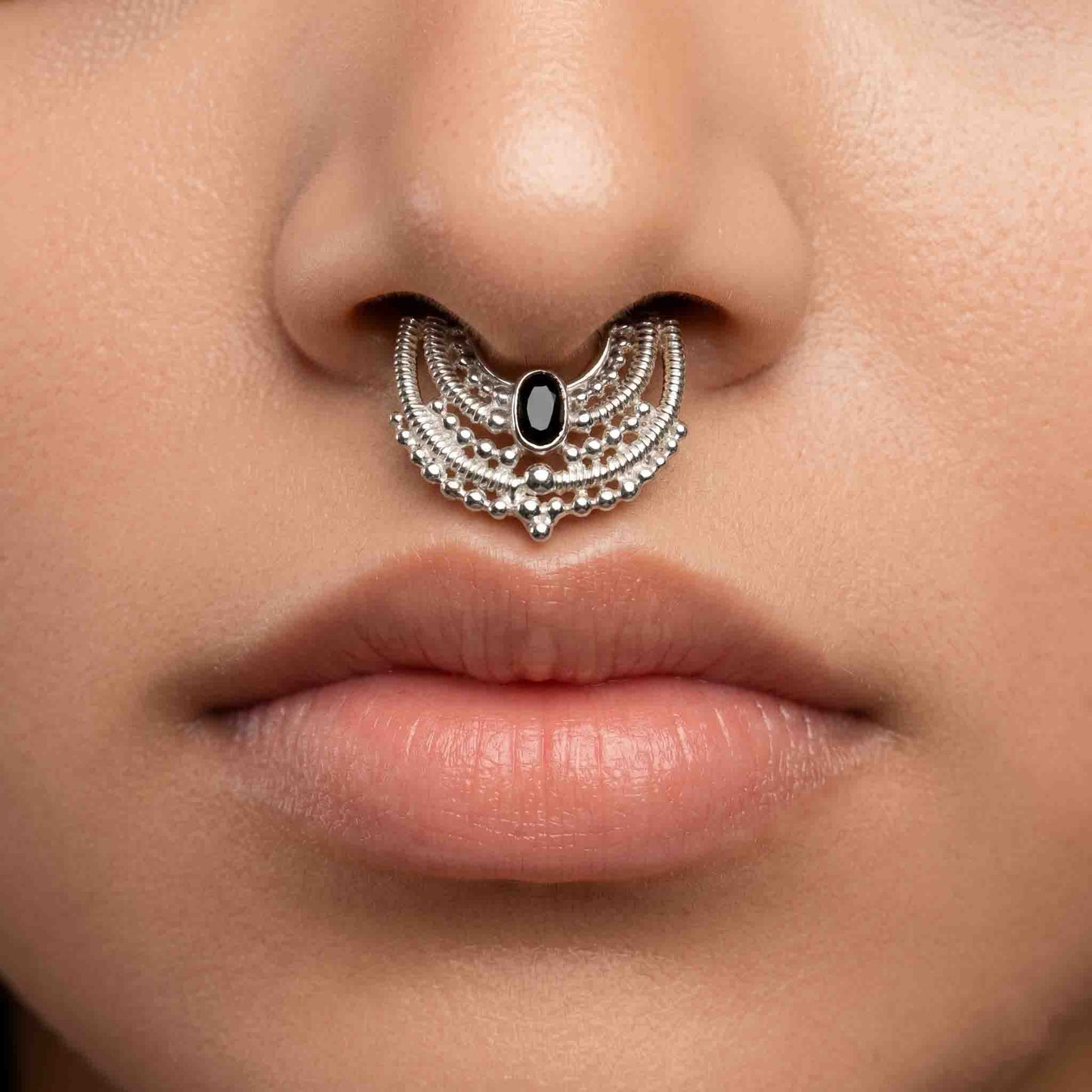 Beaded Moon Nazar Black Stone Septum
