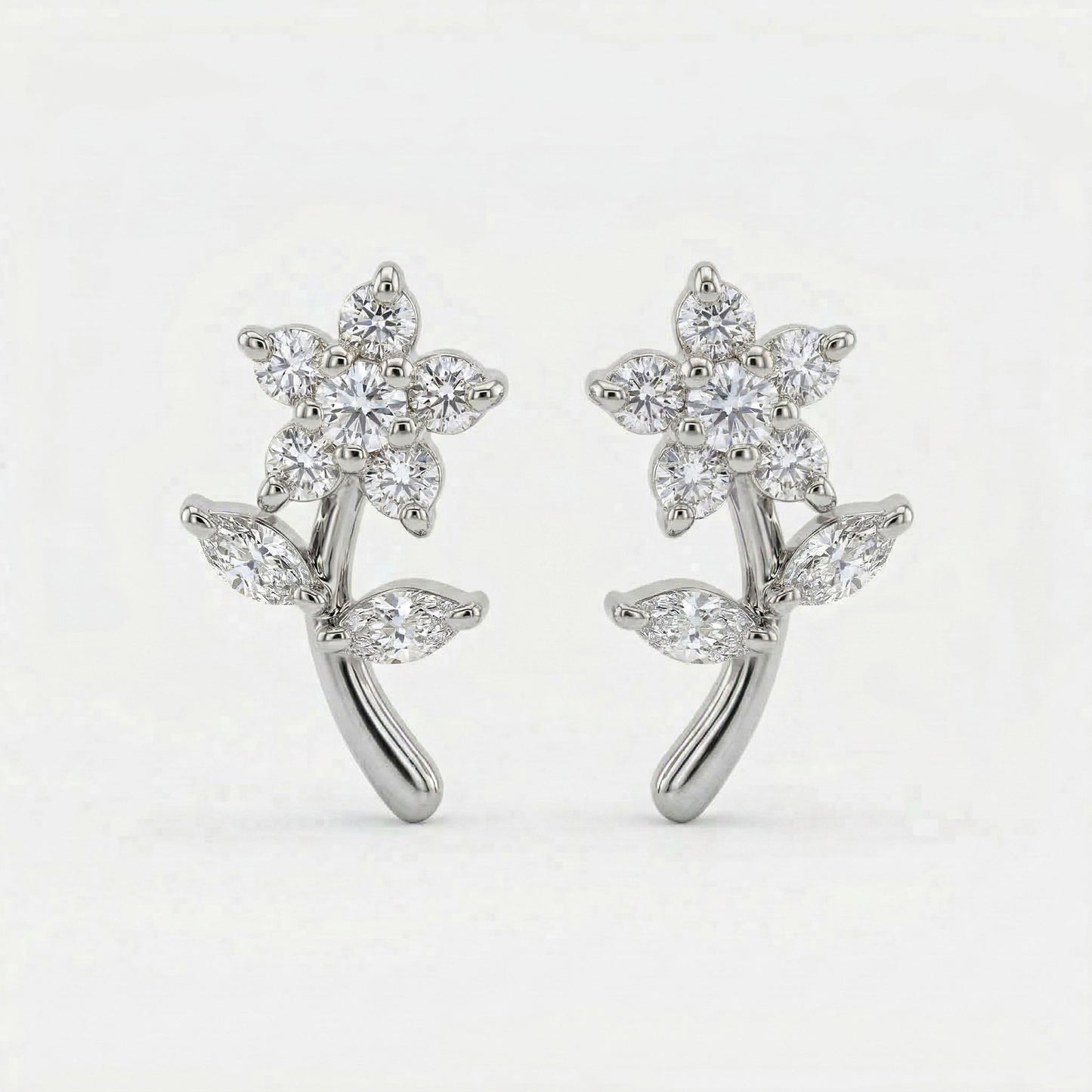 Silver Crystal Floral Stem Stud Earrings