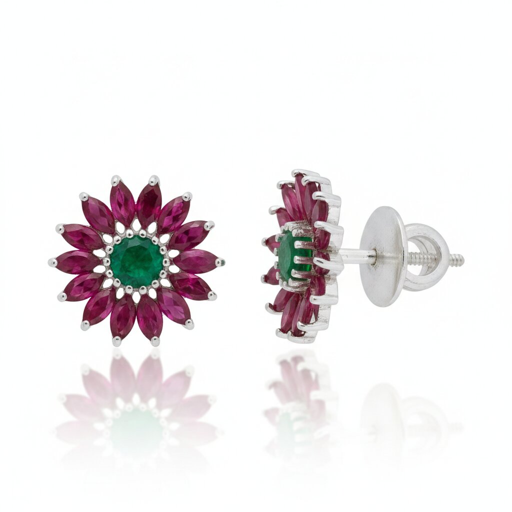 Silver Dahlia Emerald Red Earrings