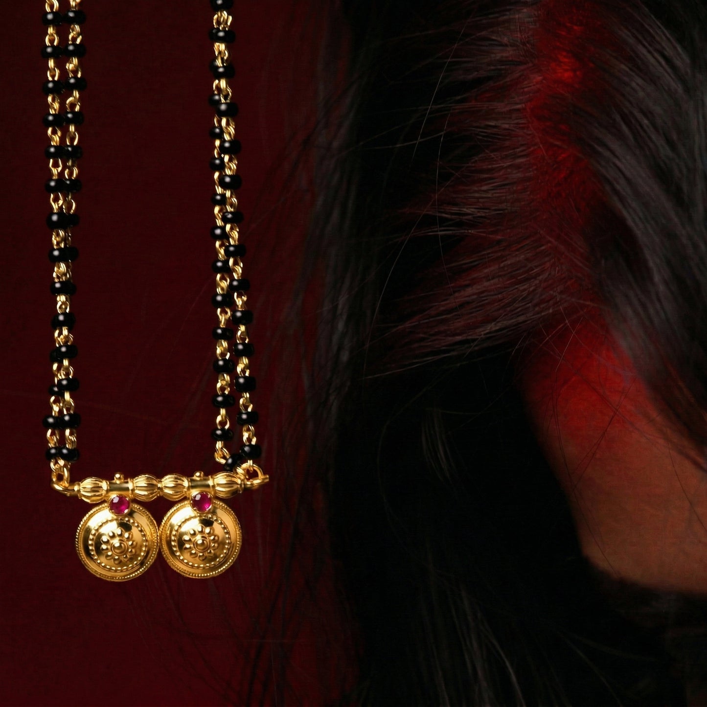 Silver Double Coin Vati Red Stone Traditional Mangalsutra