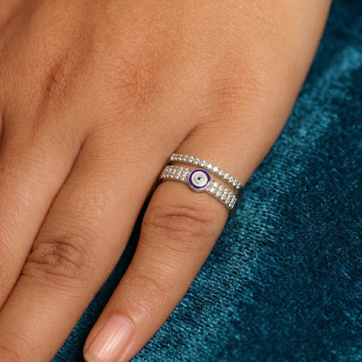 Silver Double Layer Evil Eye Ring