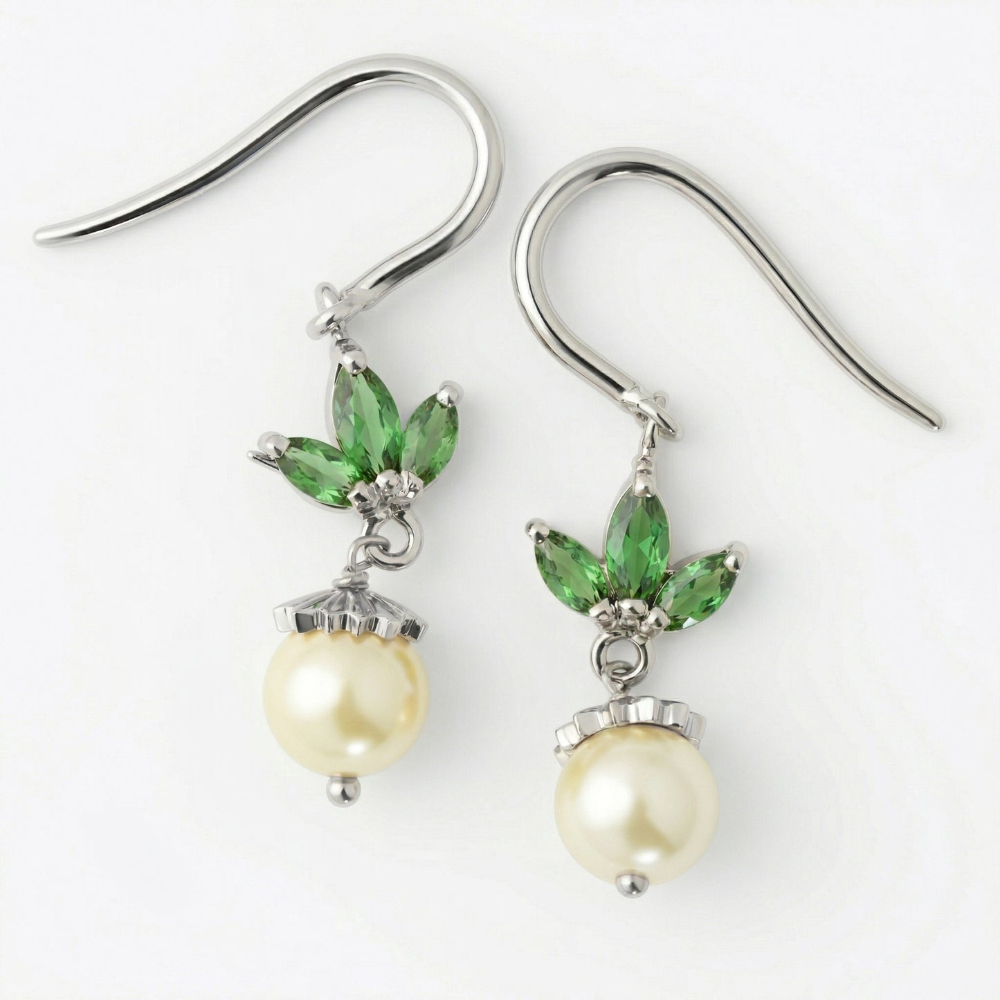 Silver Green Leaf Pearl Drop Earrings