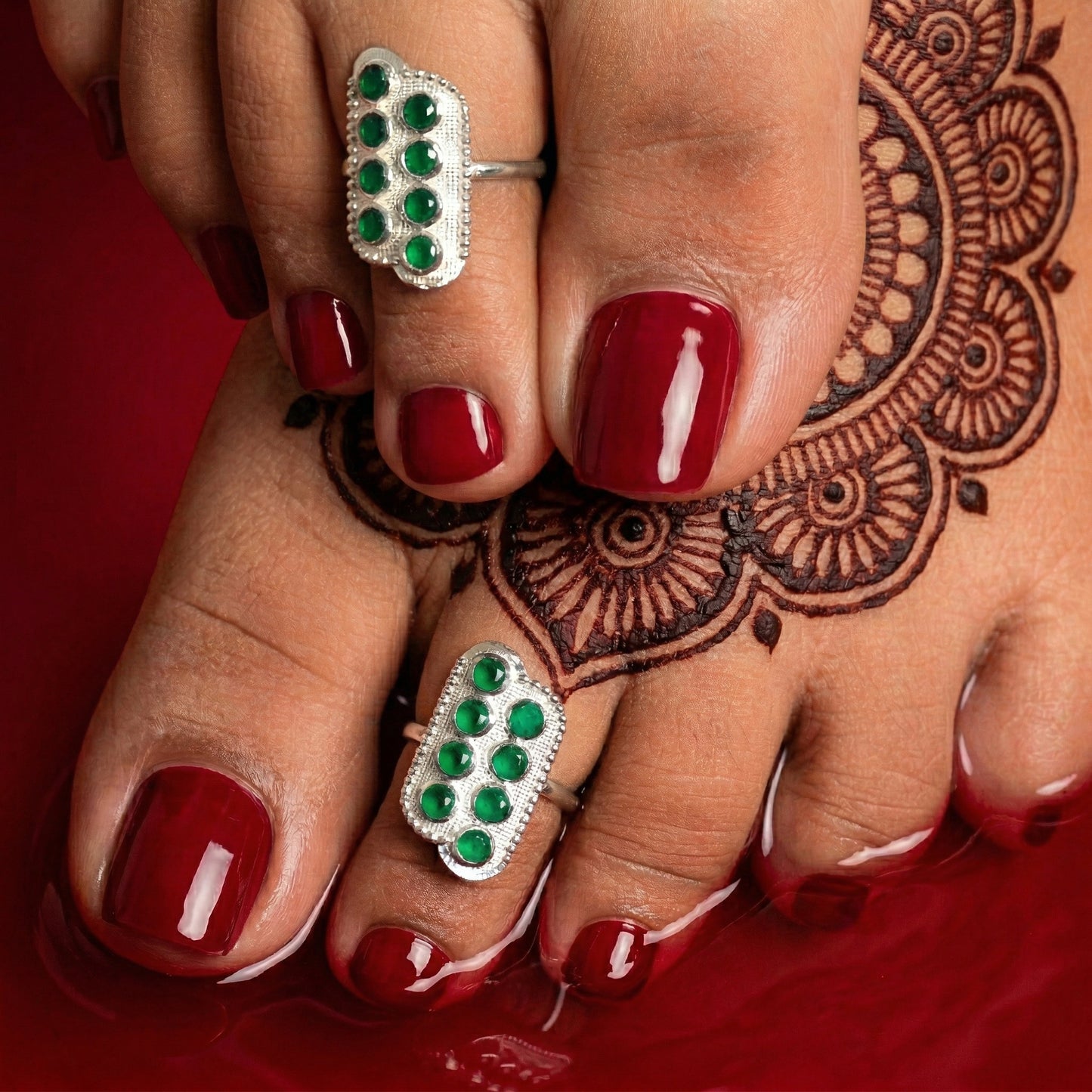 Silver Toe Ring Mosaic Emerald Green Design