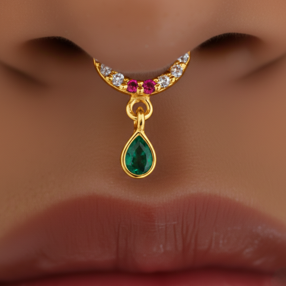 Silver Ratna Dhanush Septum With Emerald Drop