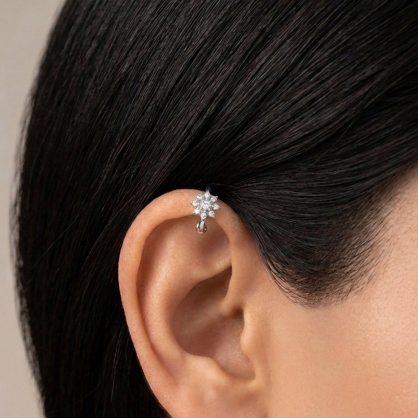 Silver Ear Hoop Solar Bloom Design