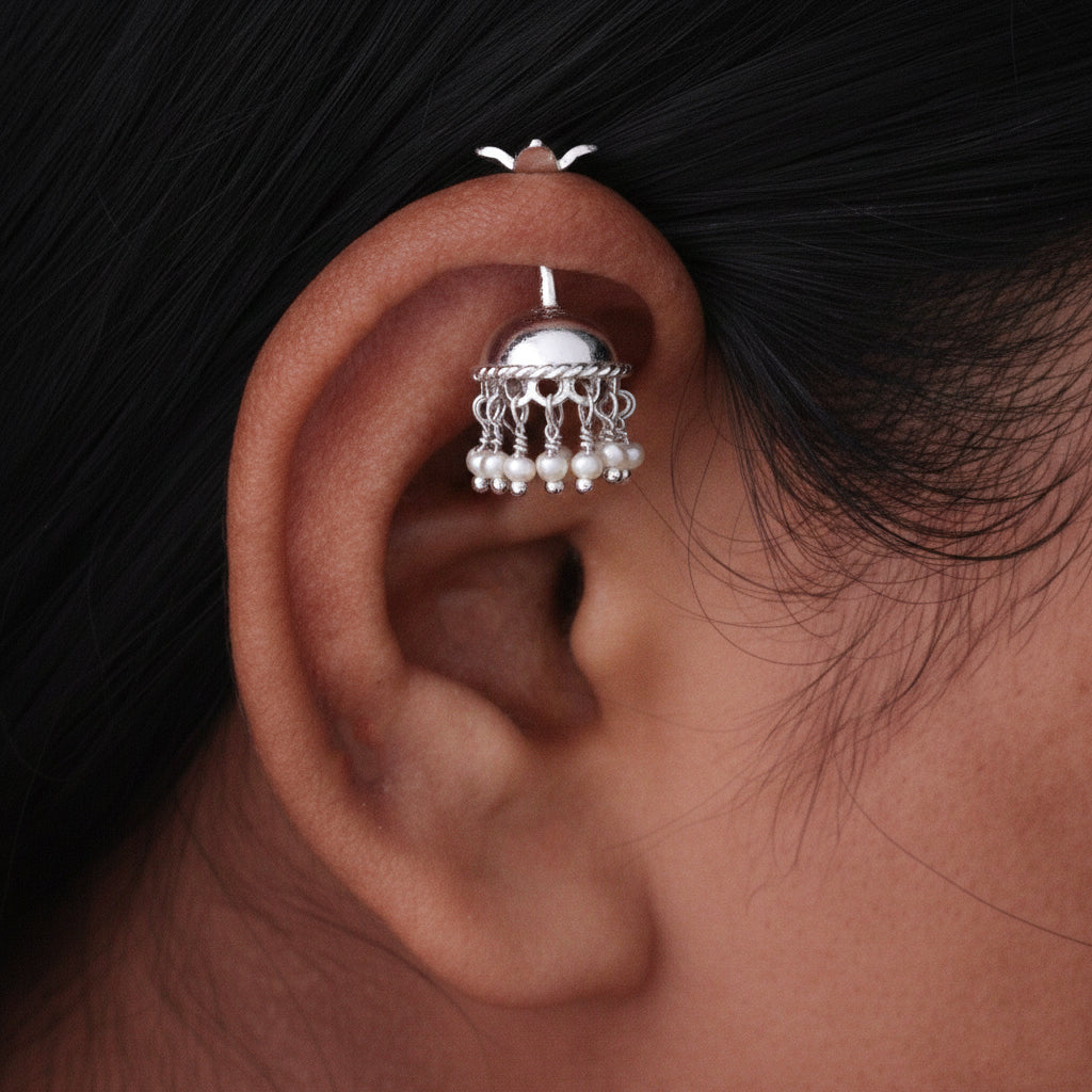SILVER JHUMKA WITH PEARLS BUGADI