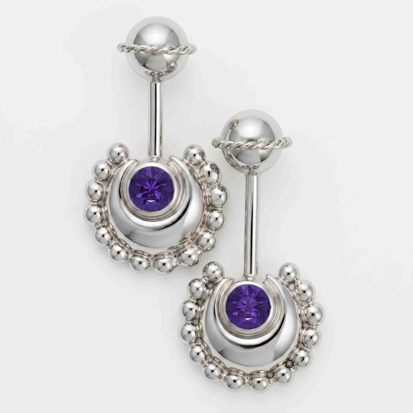 Silver Bugadi Circle Moon Wired Ball Top Purple Amethyst Design