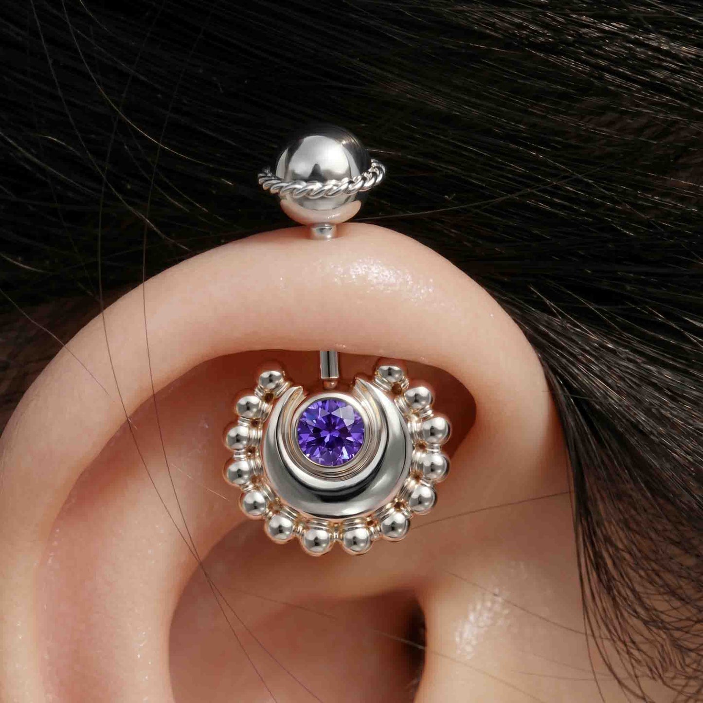 Silver Bugadi Circle Moon Wired Ball Top Purple Amethyst Design