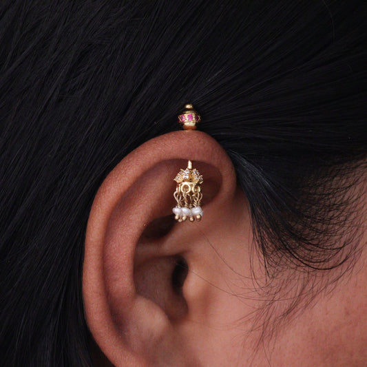 SILVER JHUMKA 2 WITH PEARL DROP GOLD BUGADI