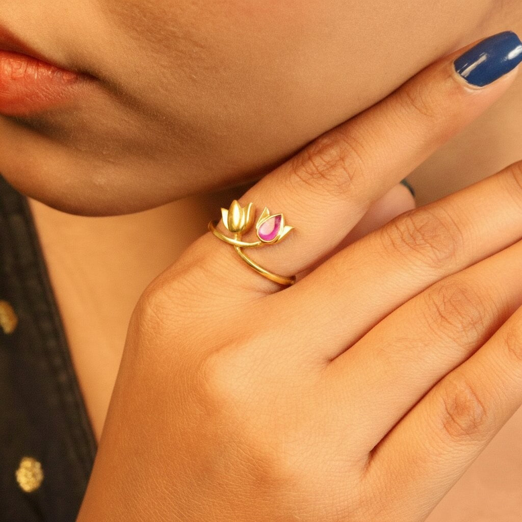 Silver Dual Lotus Ring (Red Stone)