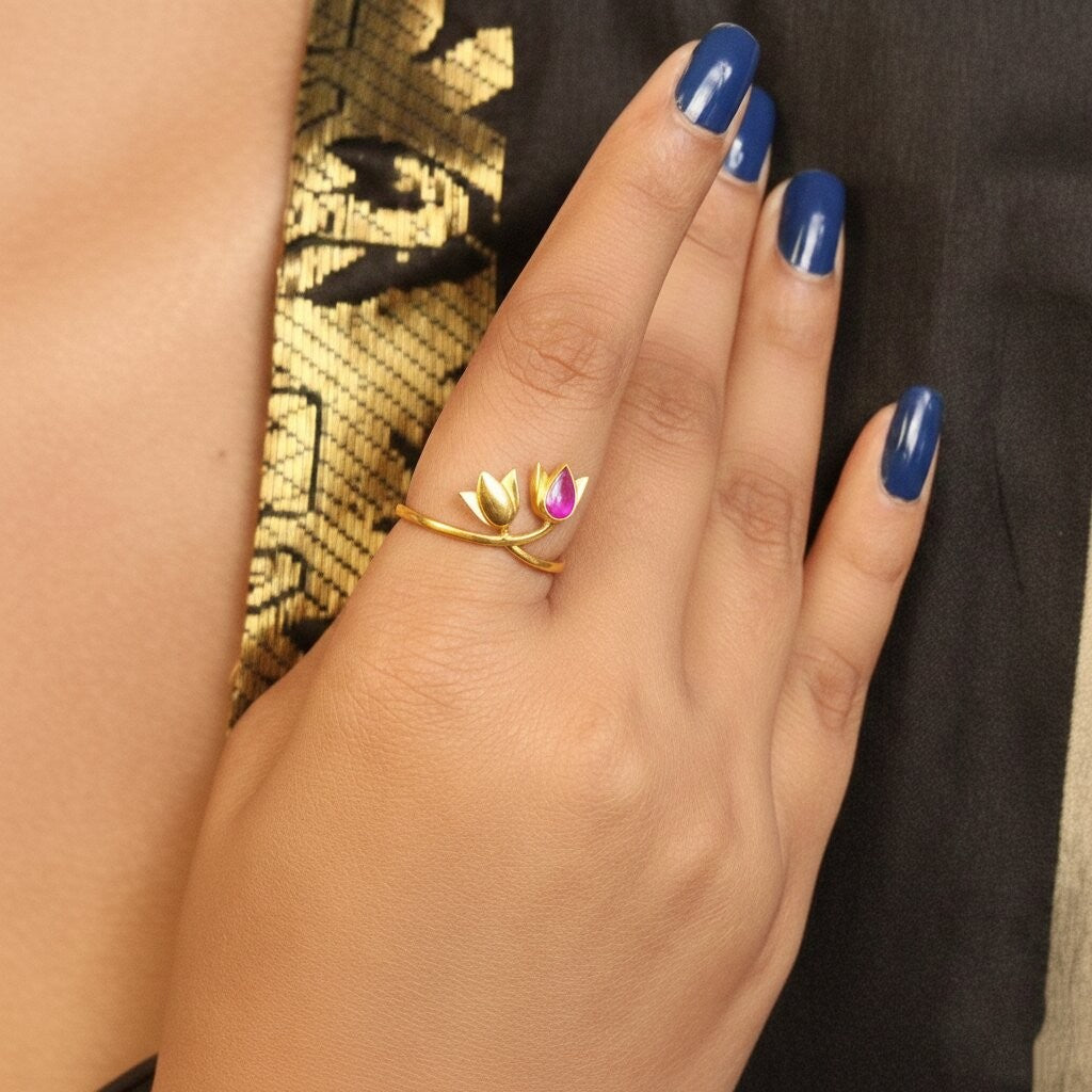 Silver Dual Lotus Ring (Red Stone)