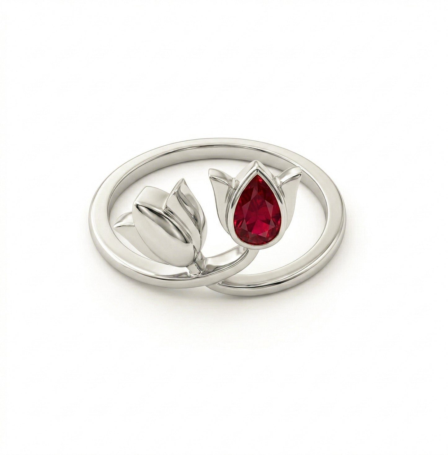 Silver Dual Lotus Ring (Red Stone)