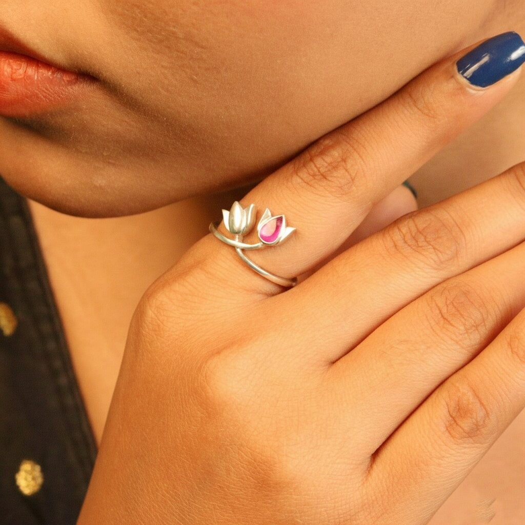 Silver Dual Lotus Ring (Red Stone)