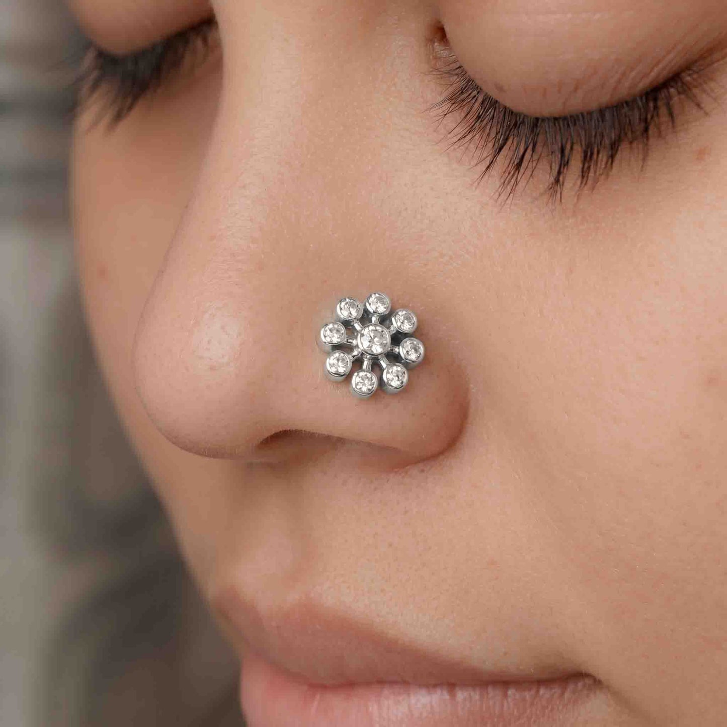 Silver 9 Stone Flower Nose pin