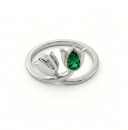 Silver Dual Lotus Ring (Green Stone)