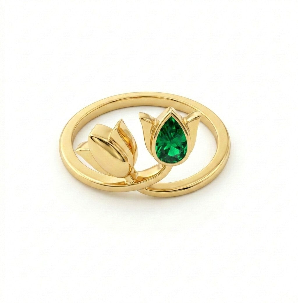 Silver Dual Lotus Ring (Green Stone)