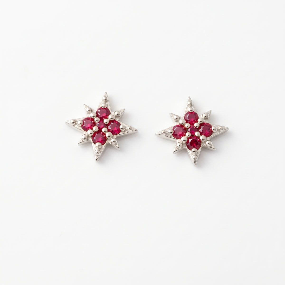 Silver Nova Beam Ruby Red Stone Stud Earrings