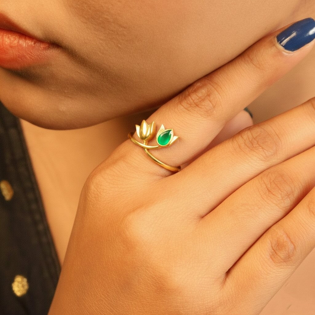 Silver Dual Lotus Ring (Green Stone)