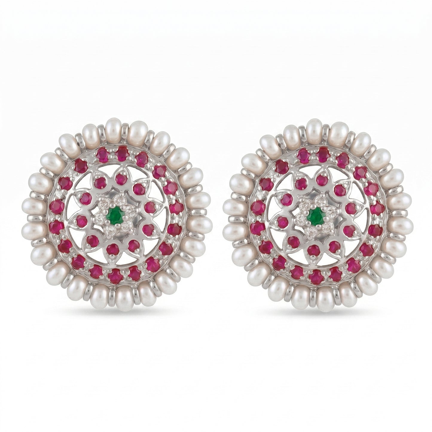 Silver Pearl Earring Mandala Stud