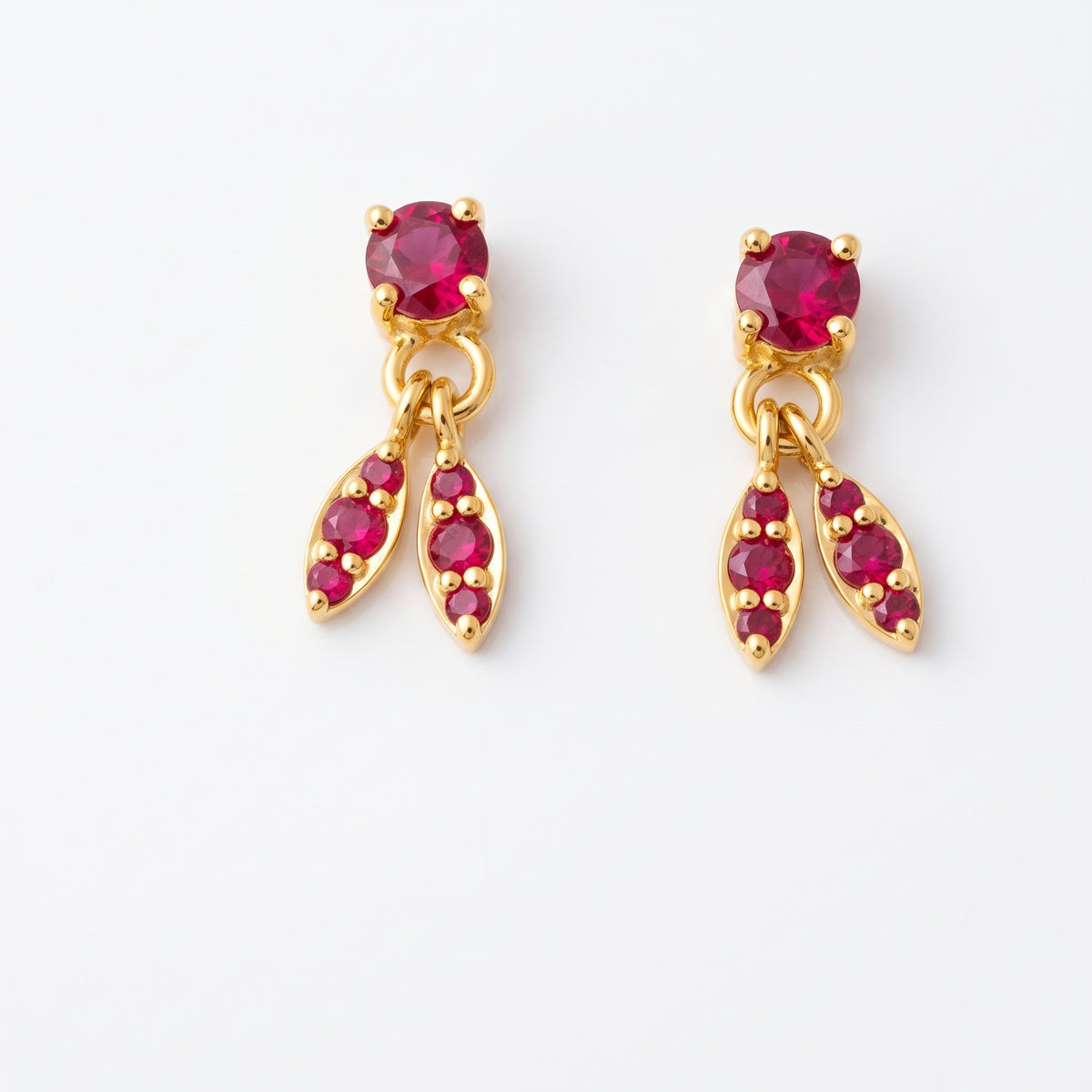 Silver Twin Leaf Drop Ruby Red Stud Earrings
