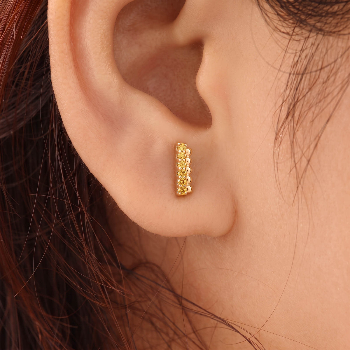Silver Dot Bar Champagne Stone Stud Earrings