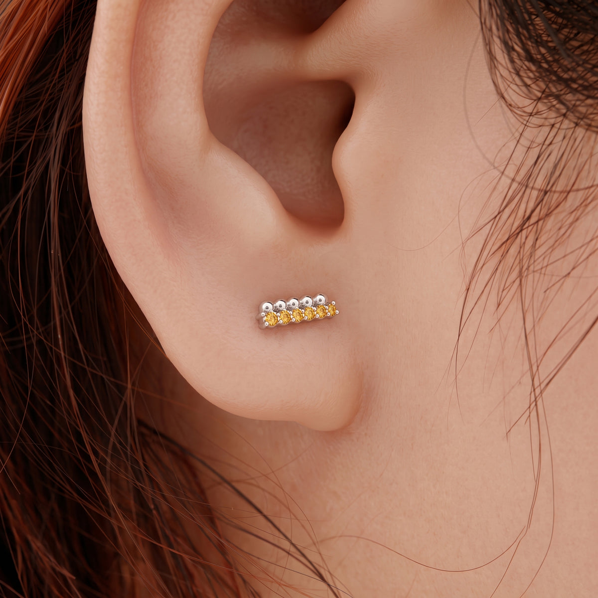 Silver Dot Bar Champagne Stone Stud Earrings