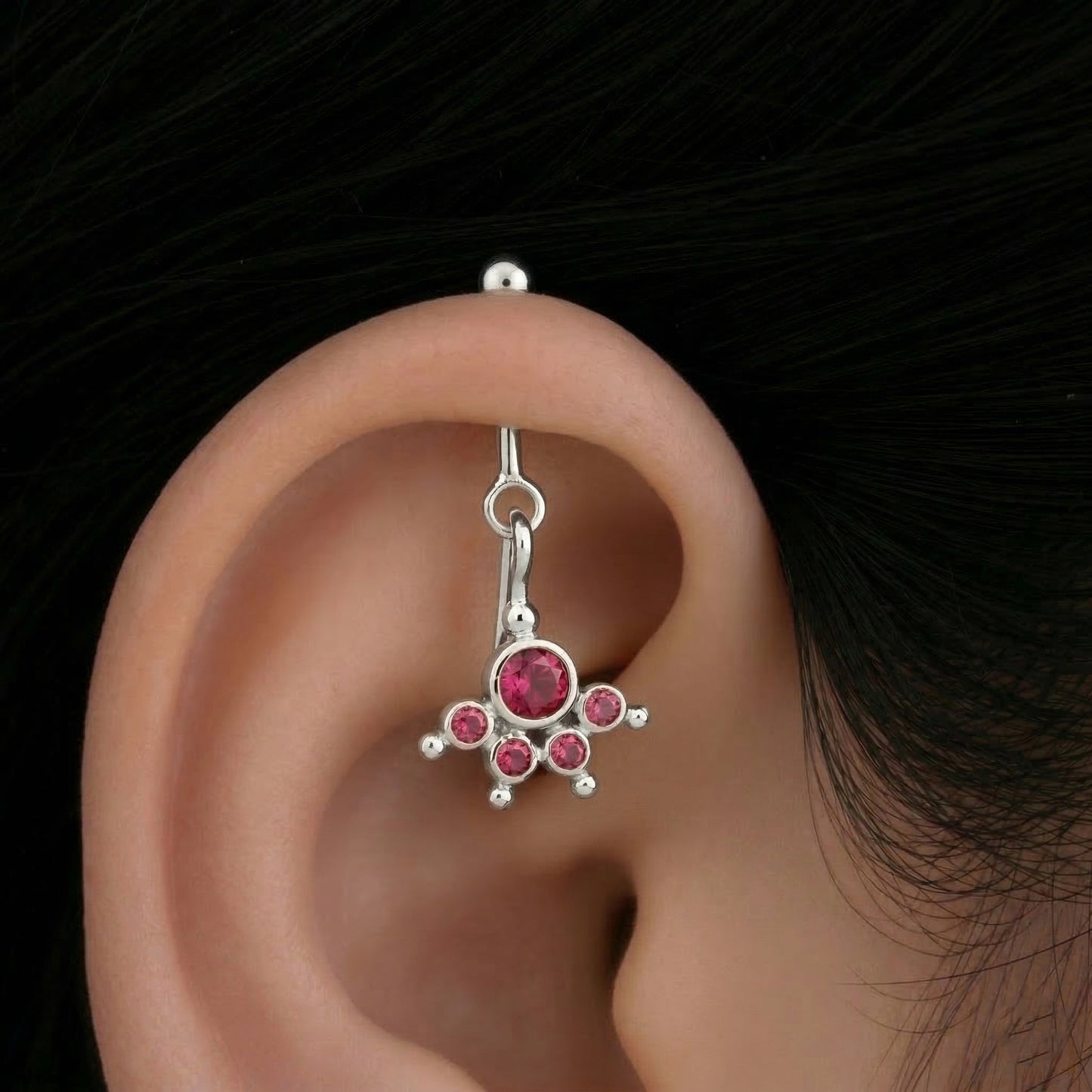 Silver Bugadi Charm 5 Stone Mookuthi Ruby Red