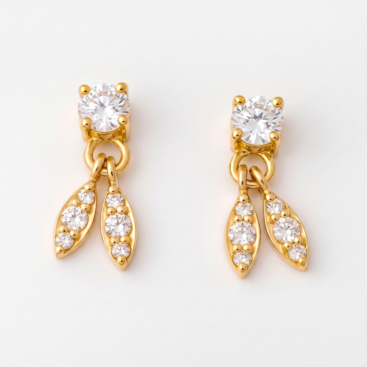 Silver Twin Leaf Drop Stud Earrings