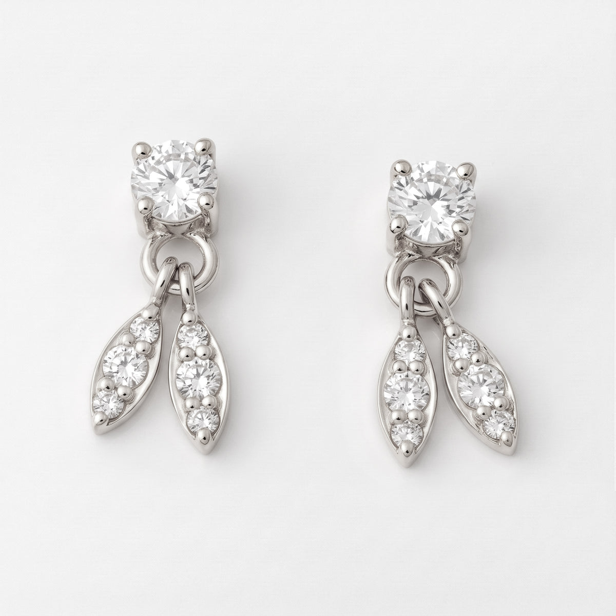 Silver Twin Leaf Drop Stud Earrings