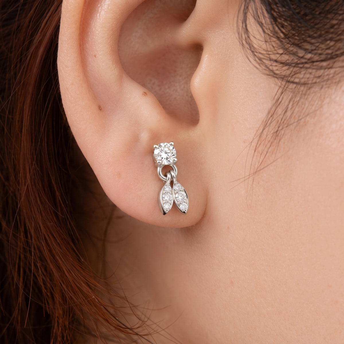 Silver Twin Leaf Drop Stud Earrings