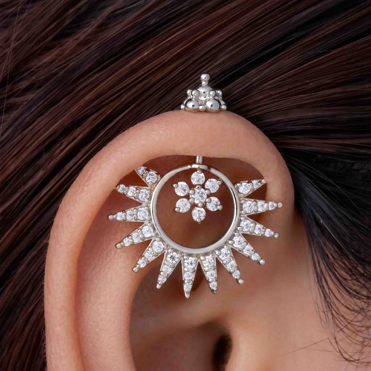 Silver Bugadi 7 Stone Flower Kalash Top Diamond Design With Sunburst Jacket