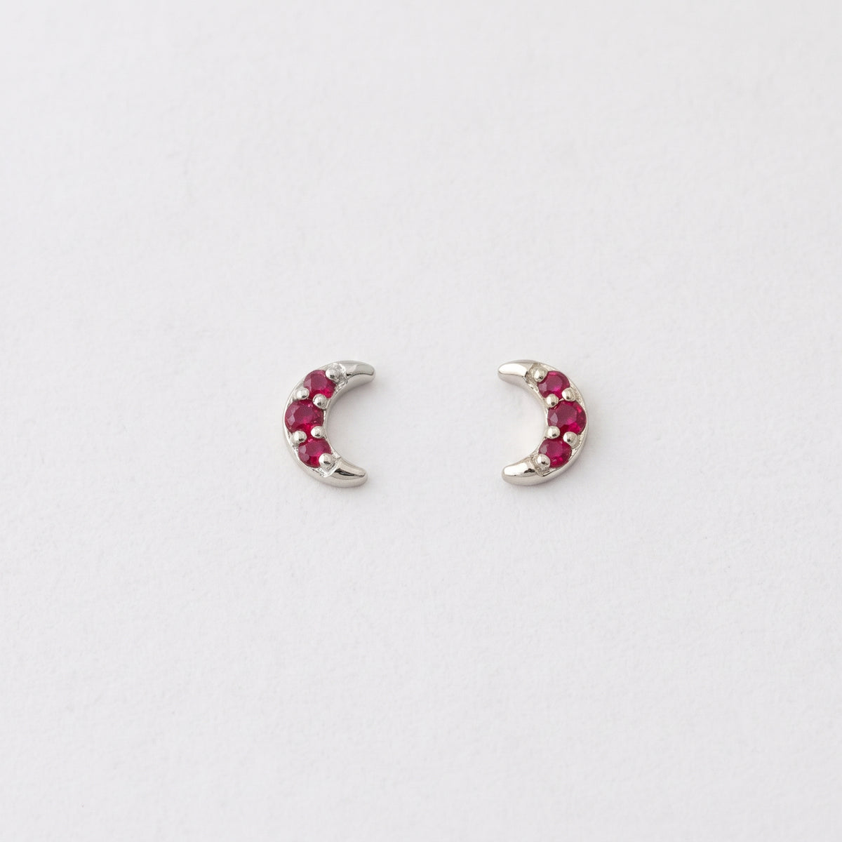 Silver Celestial Moon Ruby Red Stone 3S Stud Earrings