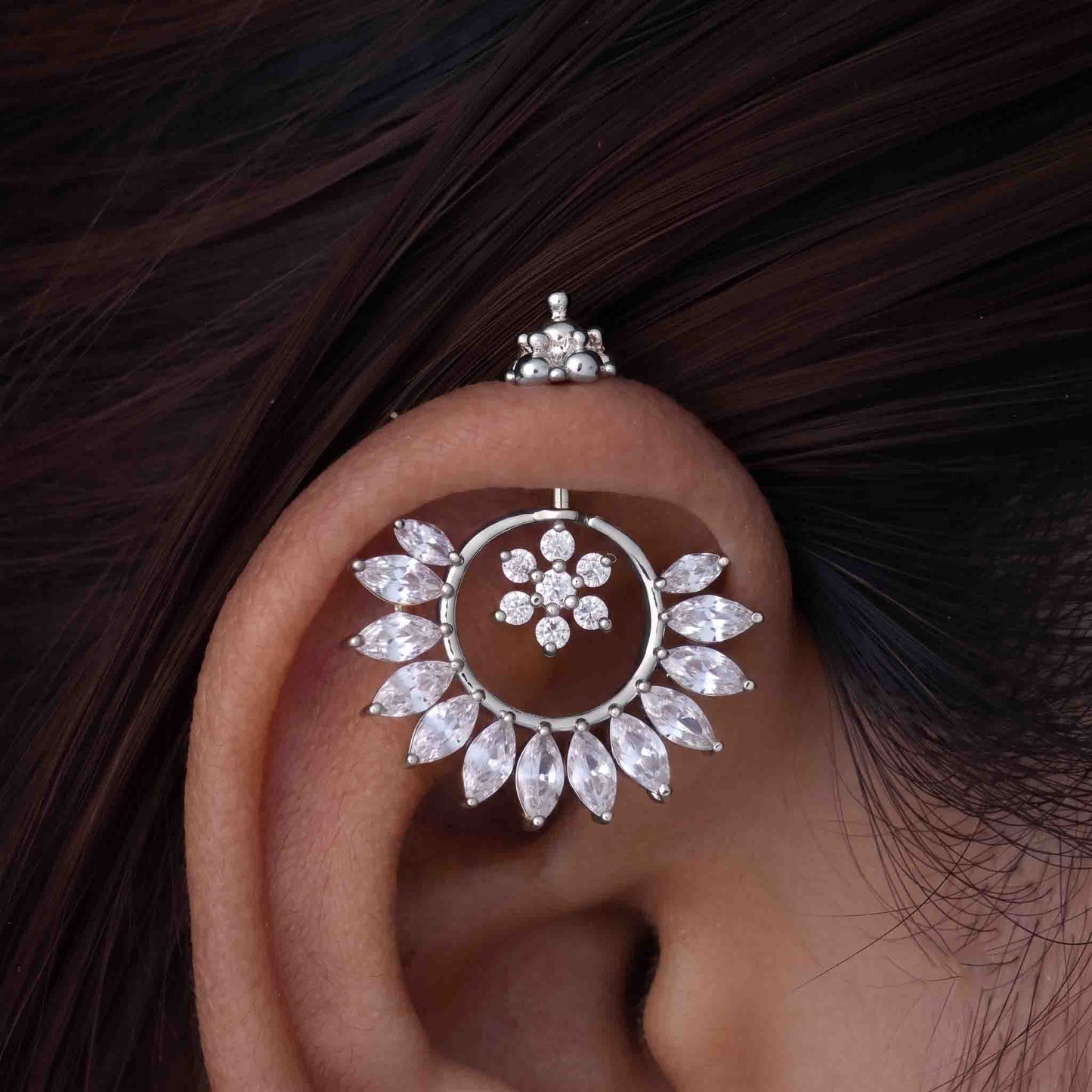Silver Bugadi 7 Stone Flower Kalash Top Diamond Design With Pushpa Petal Jacket