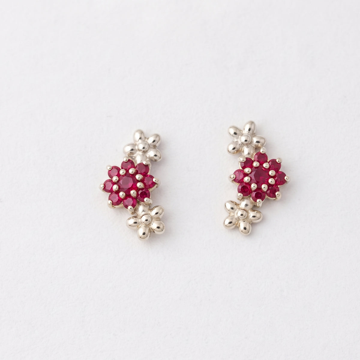Silver Dahlia Sparkle Ruby Red Stone Stud Earrings