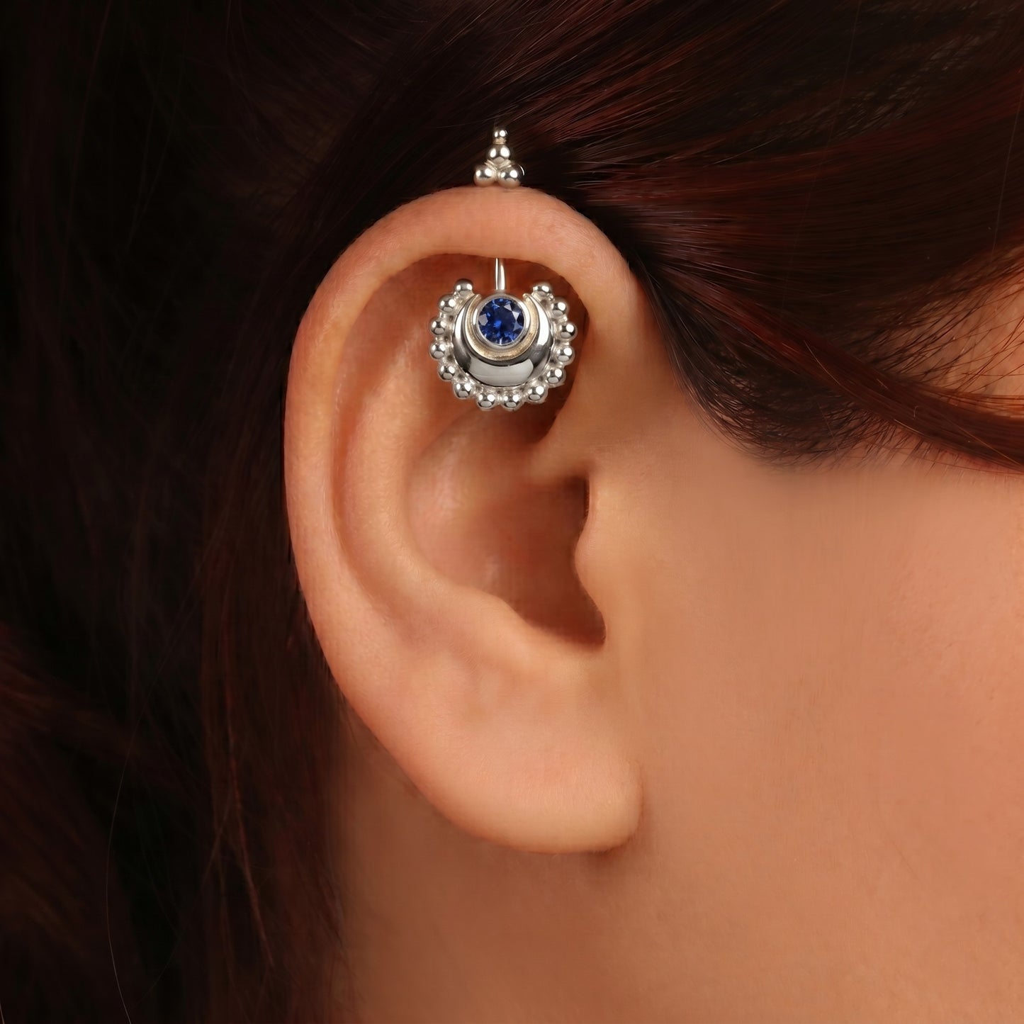 Beaded Moon Blue Stone With Traditional Top Bugadi