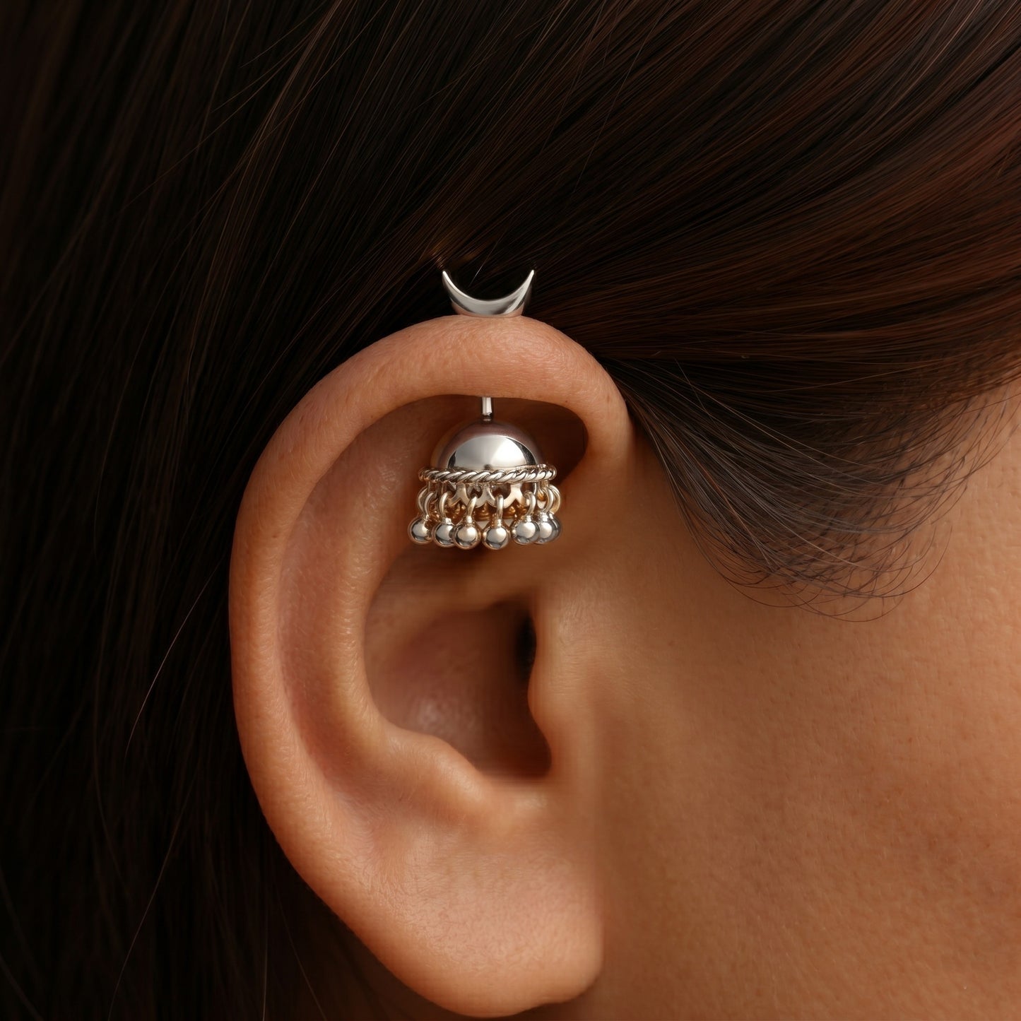 SILVER JHUMKA WITH MOON TOP BUGADI