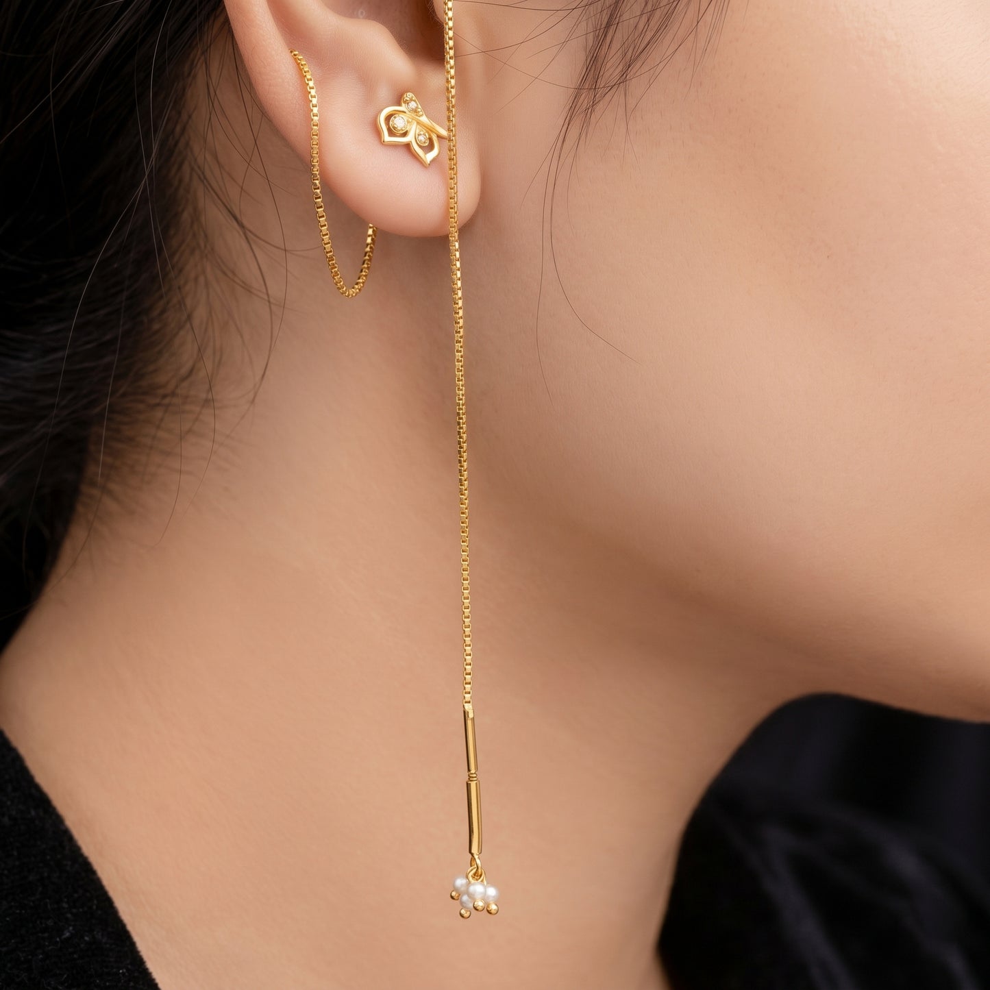Silver Earring Threader Butterfly Stone Stud & Pearl Hanging Diamond Deign