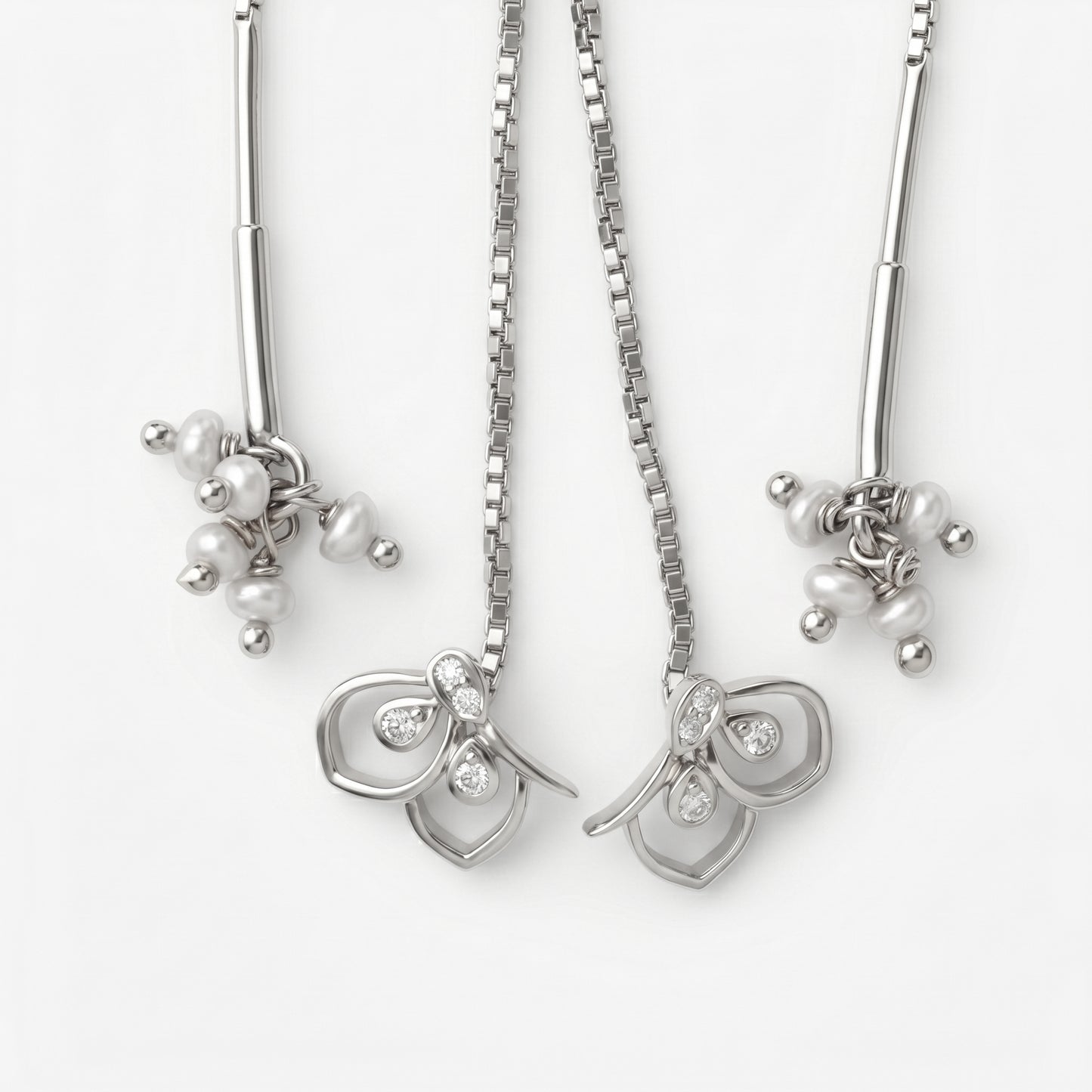 Silver Earring Threader Butterfly Stone Stud & Pearl Hanging Diamond Deign