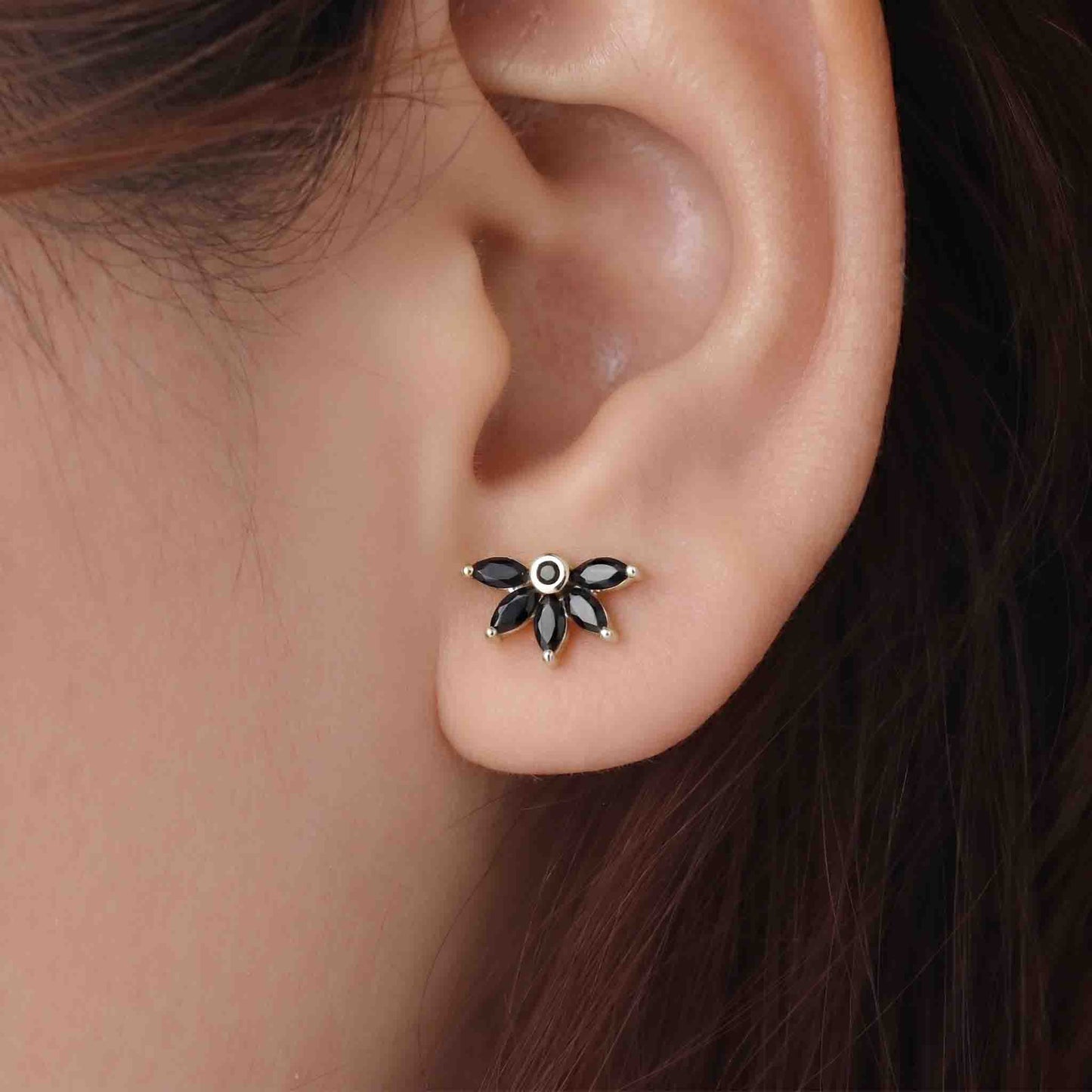 Silver 5 Marquise Black Earring